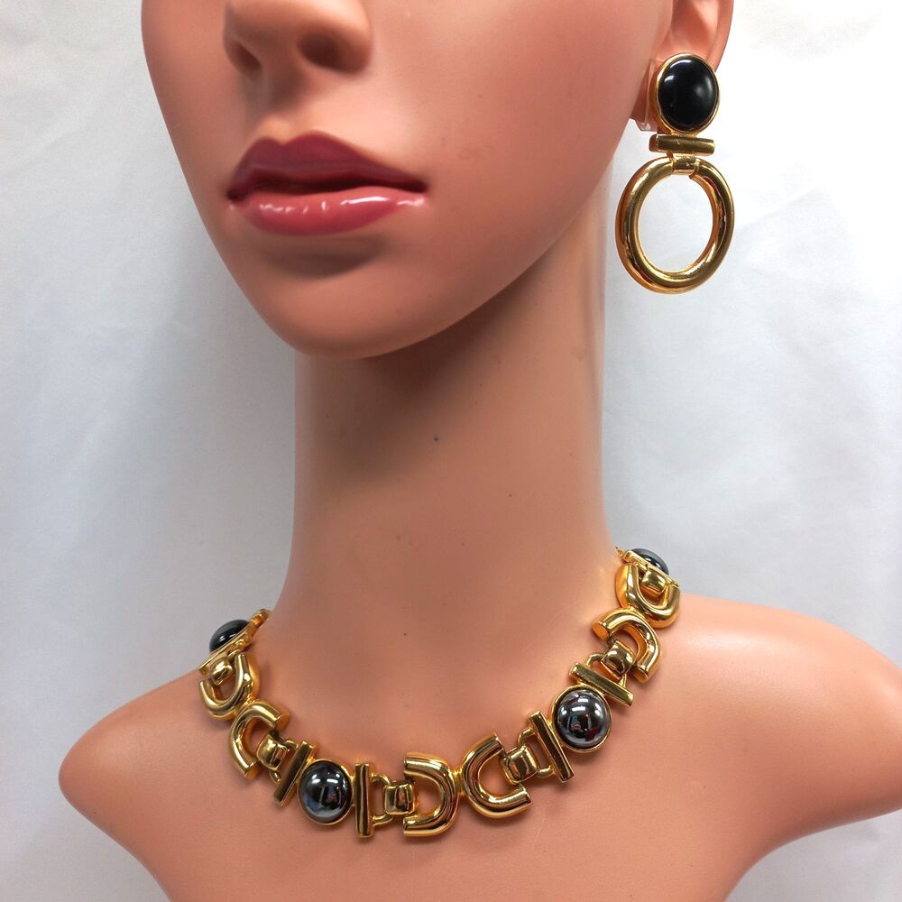 BEN AMUN chunky black gold necklace and bold door knocker earrings
